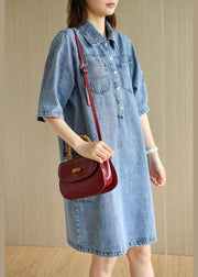 Casual Denim Blue Peter Pan Collar Pockets Summer Cotton Mid Dress Half Sleeve - bagstylebliss