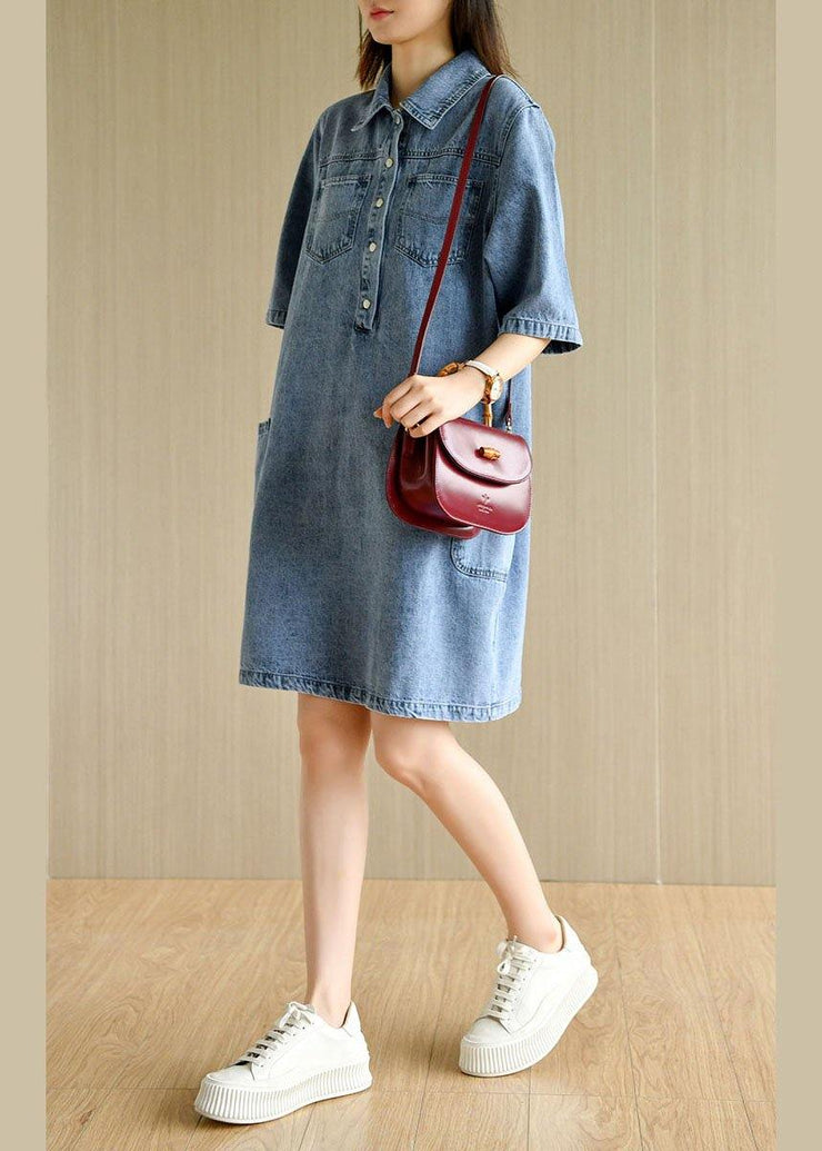 Casual Denim Blue Peter Pan Collar Pockets Summer Cotton Mid Dress Half Sleeve - bagstylebliss