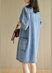 Casual Denim Blue Peter Pan Collar Pockets Summer Cotton Mid Dress Half Sleeve - bagstylebliss