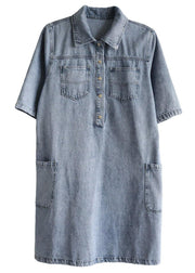 Casual Denim Blue Peter Pan Collar Pockets Summer Cotton Mid Dress Half Sleeve - bagstylebliss