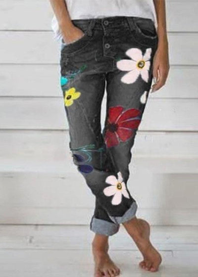 Casual Flower Print Button Denim Long Jeans For Women - bagstylebliss