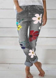 Casual Flower Print Button Denim Long Jeans For Women - bagstylebliss