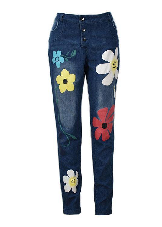 Casual Flower Print Button Denim Long Jeans For Women - bagstylebliss