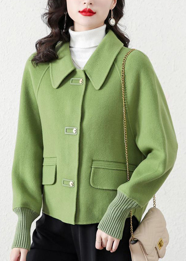 Casual Grass Green Peter Pan Collar Woolen Jacket Spring