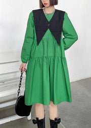 Casual Green O-Neck Button Zippered Fall Dress Long sleeve - bagstylebliss