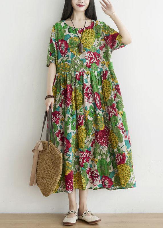 Casual Green O-Neck Patchwork Print Fall Ankle Dress Half Sleeve - bagstylebliss