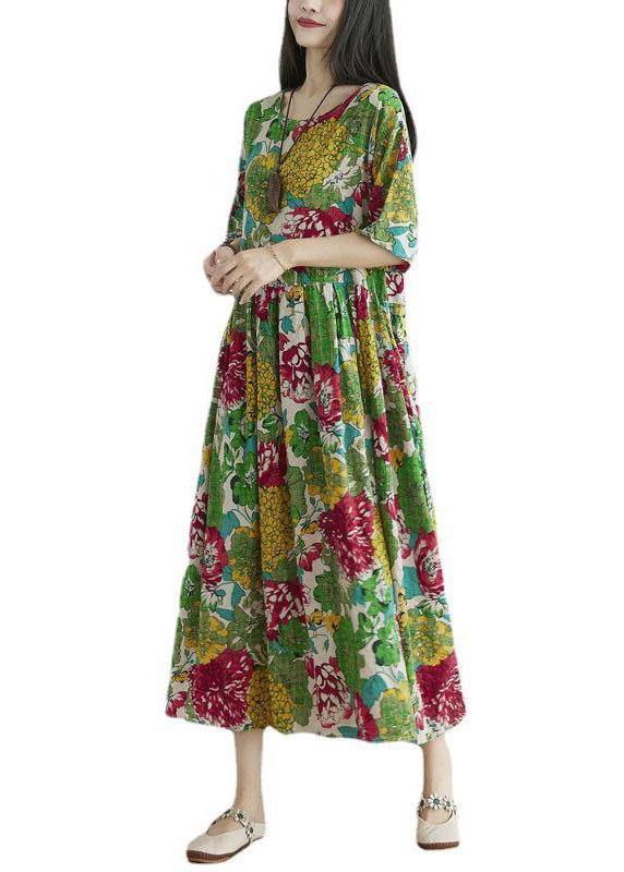 Casual Green O-Neck Patchwork Print Fall Ankle Dress Half Sleeve - bagstylebliss