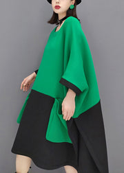 Casual Green O Neck Pockets Patchwork Cotton Mid Dresses Fall