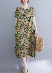 Casual Green O-Neck Print Pockets Long Dress Short Sleeve