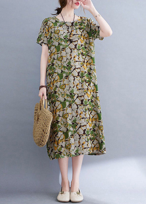 Casual Green O-Neck Print Pockets Long Dress Short Sleeve