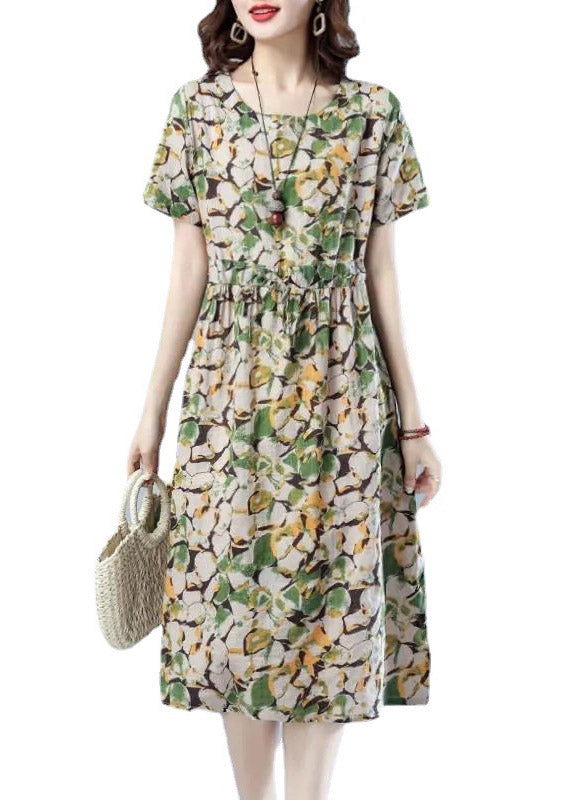 Casual Green O-Neck Print Pockets Long Dress Short Sleeve