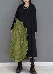 Casual Green O-Neck Ruffles Patchwork Long Dresses Long Sleeve