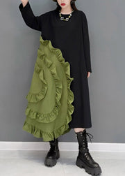 Casual Green O-Neck Ruffles Patchwork Long Dresses Long Sleeve