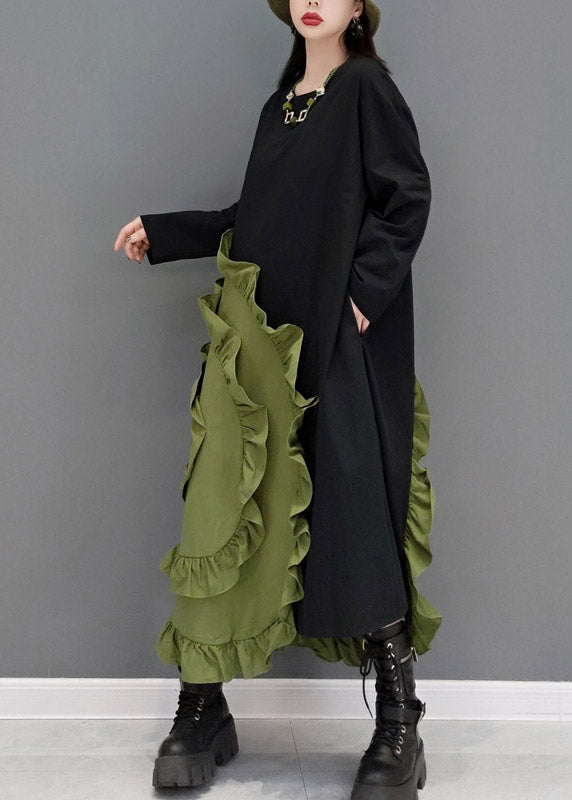 Casual Green O-Neck Ruffles Patchwork Long Dresses Long Sleeve