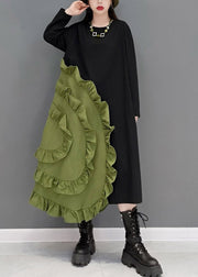 Casual Green O-Neck Ruffles Patchwork Long Dresses Long Sleeve