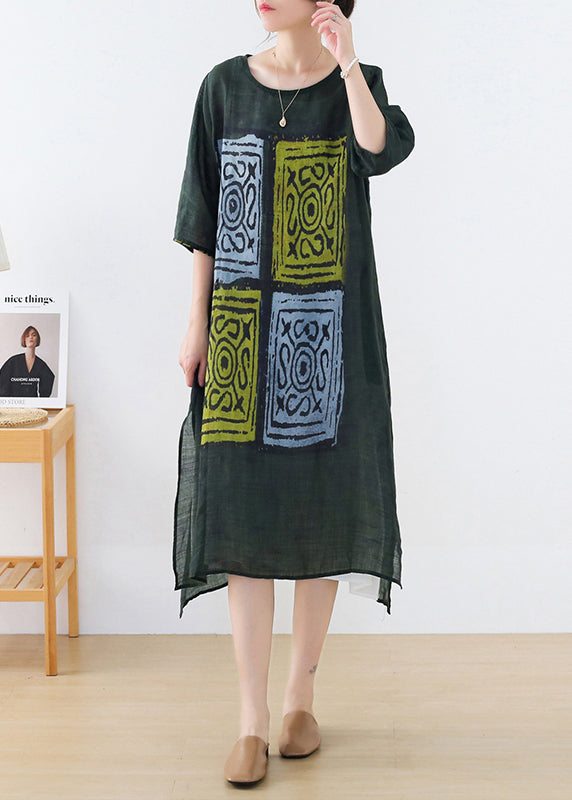 Casual Green O-Neck Side Open Print Linen Long Dresses Half Sleeve