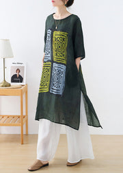 Casual Green O-Neck Side Open Print Linen Long Dresses Half Sleeve