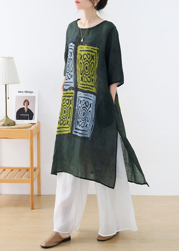 Casual Green O-Neck Side Open Print Linen Long Dresses Half Sleeve