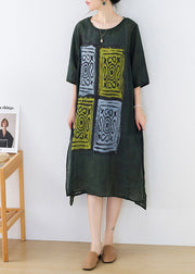 Casual Green O-Neck Side Open Print Linen Long Dresses Half Sleeve