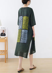 Casual Green O-Neck Side Open Print Linen Long Dresses Half Sleeve