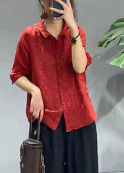 Casual Green Peter Pan Collar Embroidered Button Shirt Half Sleeve