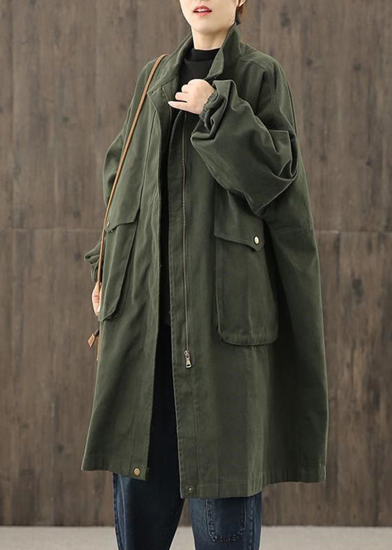 Casual Green Peter Pan Collar Zippered Pockets Trench Coats Cotton Long Sleeve