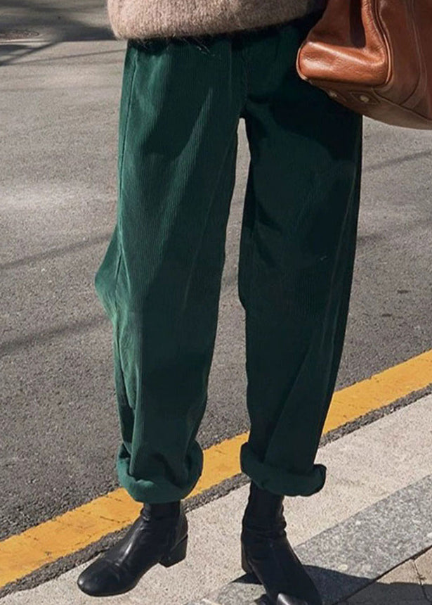 Casual Green Pockets Corduroy Straight Pants Fall