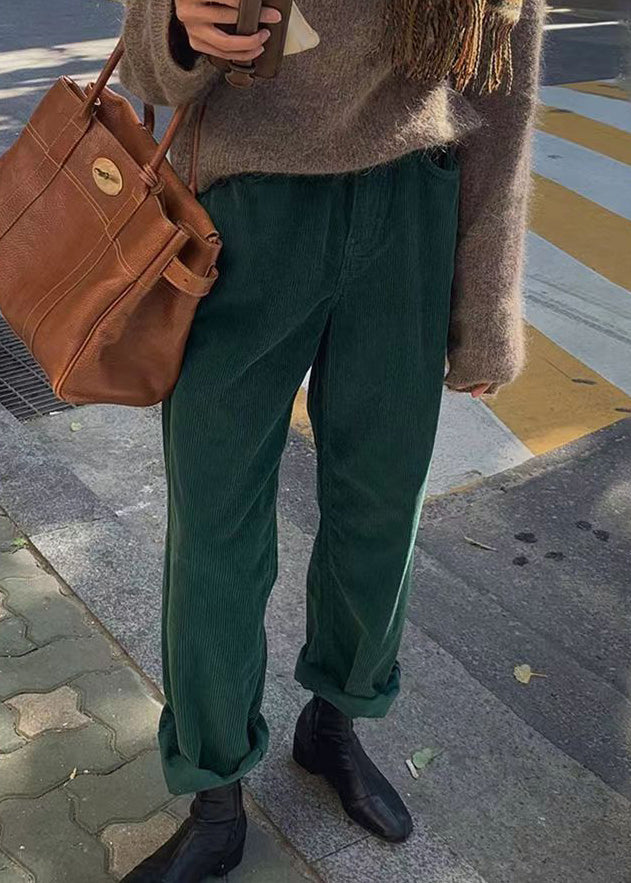 Casual Green Pockets Corduroy Straight Pants Fall