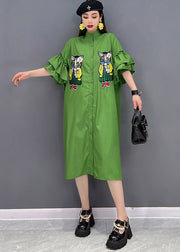 Casual Green Stand Collar Cat Embroideried Shirt Dress Ruffles Sleeve