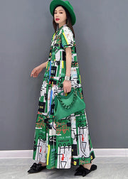 Casual Green Stand Collar Patchwork Exra Large Hem Print Chiffon Maxi Dress Short Sleeve