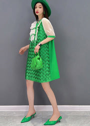 Casual Green V Neck Patchwork Chiffon Women's Mid Dress Short Sleeve