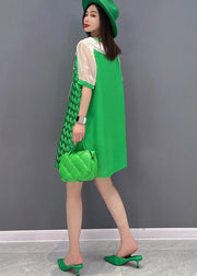 Casual Green V Neck Patchwork Chiffon Women's Mid Dress Short Sleeve