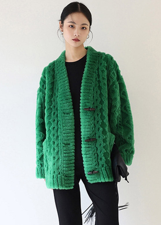 Casual Green V Neck Thick Button Woolen Coats Winter