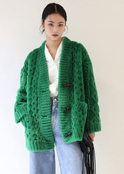 Casual Green V Neck Thick Button Woolen Coats Winter