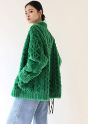 Casual Green V Neck Thick Button Woolen Coats Winter