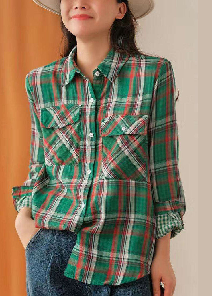 Casual Green button Peter Pan Collar Plaid Cotton shirt Tops Spring