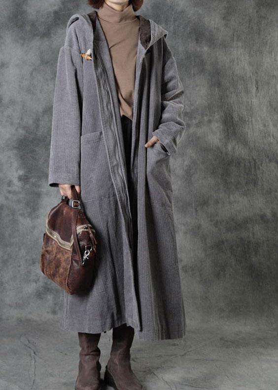 Casual Grey Button Hooded Pockets Winter Cotton Parka Long Sleeve - bagstylebliss