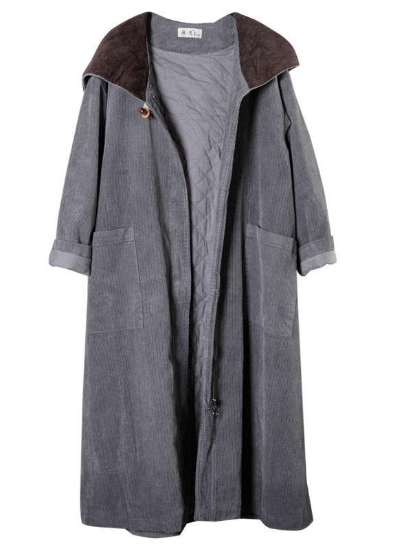 Casual Grey Button Hooded Pockets Winter Cotton Parka Long Sleeve - bagstylebliss