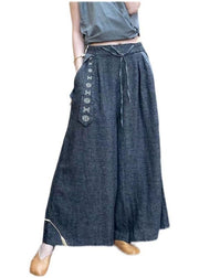 Casual Grey Elastic Waist Drawstring Pockets Linen Wide Leg Pants Summer