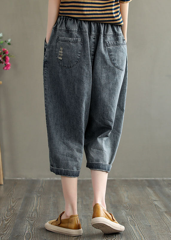 Casual Grey Embroideried Hole Pockets Cotton Denim Crop Pants Summer