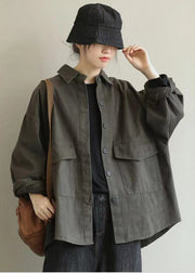 Casual Grey Oversized Pockets Cotton Coat Outwear Fall