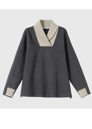 Casual Grey Peter Pan Collar Patchwork Knit Sweater Winter