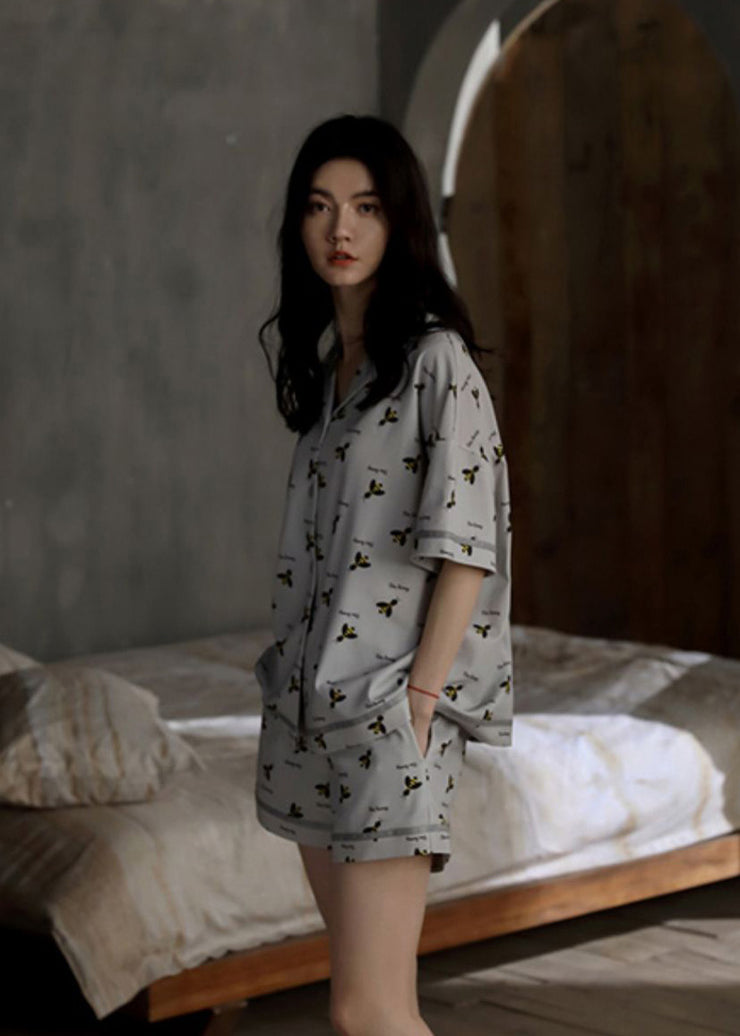 Casual Grey Peter Pan Collar Print Button Cotton Couple Pajamas Two Pieces Set Summer