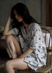 Casual Grey Peter Pan Collar Print Button Cotton Couple Pajamas Two Pieces Set Summer