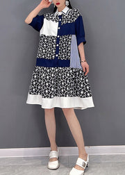 Casual Grey Peter Pan Collar Print Patchwork Button Chiffon Dress Half Sleeve