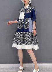 Casual Grey Peter Pan Collar Print Patchwork Button Chiffon Dress Half Sleeve