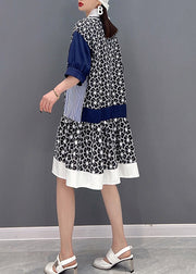 Casual Grey Peter Pan Collar Print Patchwork Button Chiffon Dress Half Sleeve