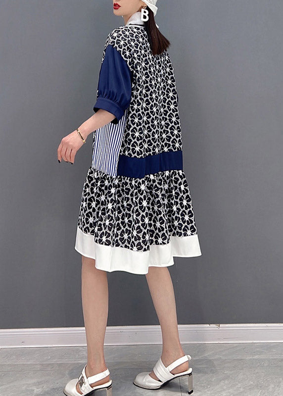 Casual Grey Peter Pan Collar Print Patchwork Button Chiffon Dress Half Sleeve