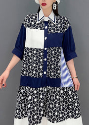 Casual Grey Peter Pan Collar Print Patchwork Button Chiffon Dress Half Sleeve