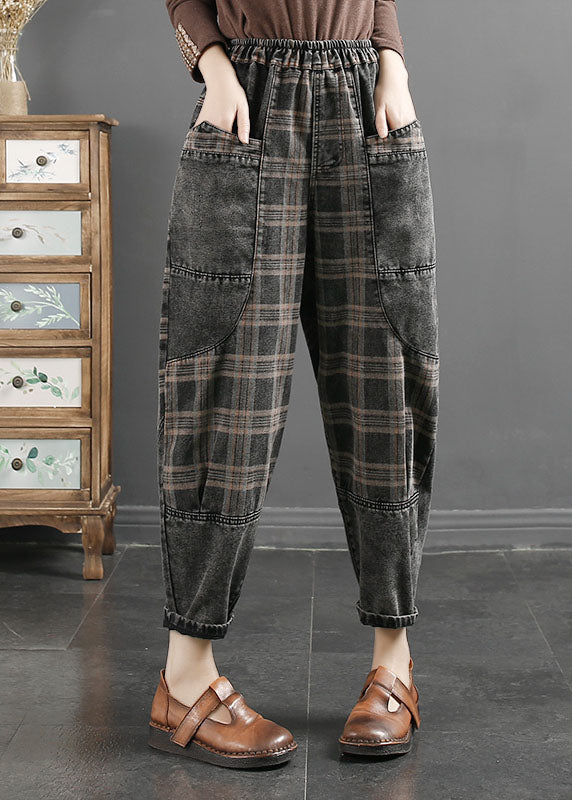 Casual Grey Striped Plaid Patchwork Elastic Waist Crop Pants Fall